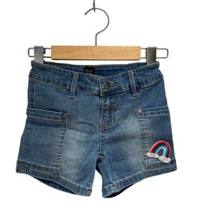 Deux par Deux Blue Denim Kids Shorts with Rainbow Patch - size 6